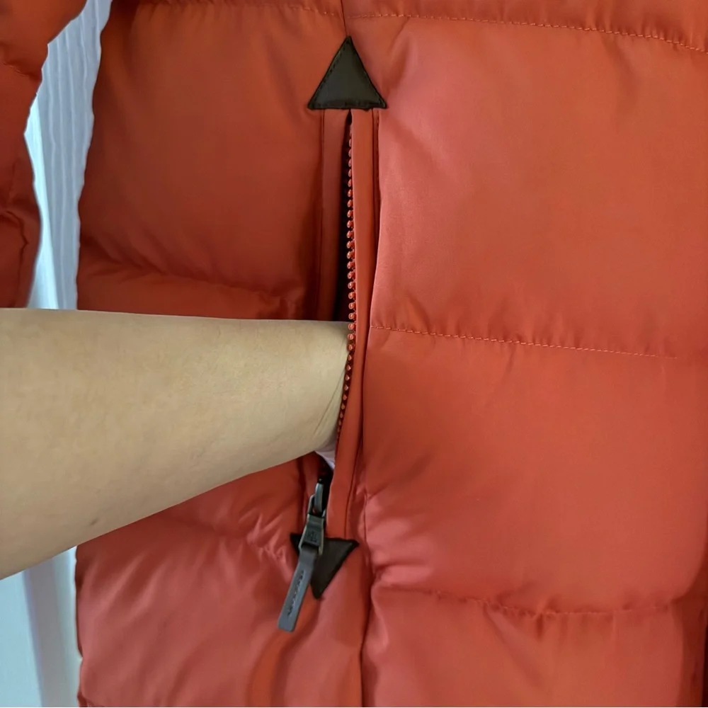 Lauren Ralph Lauren Orange Puffer Coat with Faux Fur Trim Hood - Picture 3 of 9